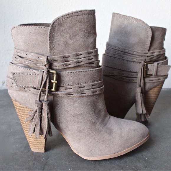 Taupe Suede Tassel  Wrap Buckle Ankle Booties - Picture 2 of 4